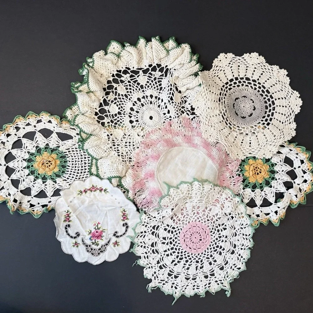 Vintage (6) Handmade Crochet Embroidered Doilies Floral Colorful Round Dresser